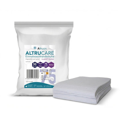 Een verpakking Altruan Altrucare wegwerpwashandschoenen CuraSOFT Comfort (75 g) met 50 wegwerpwashandschoenen is afgebeeld naast een stapel gevouwen handschoenen; de verpakking is 22 x 15 cm groot.