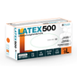 Eine rechteckige Schachtel mit Altruan Latex 500 Einmalhandschuhe (100 Stück, natur), Größe 9L, puderfrei und unsteril. Die meist weiße Schachtel ist mit blauem, orangem und schwarzem Text und Grafiken versehen. Marke: Altruan.