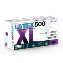 Eine weiß-lila Schachtel mit der Aufschrift "Altruan Latex 500 Handschuhe" enthält 100 natürliche, puderfreie, unsterile Einmalhandschuhe von Altruan in der Größe XL für zuverlässigen Schutz.