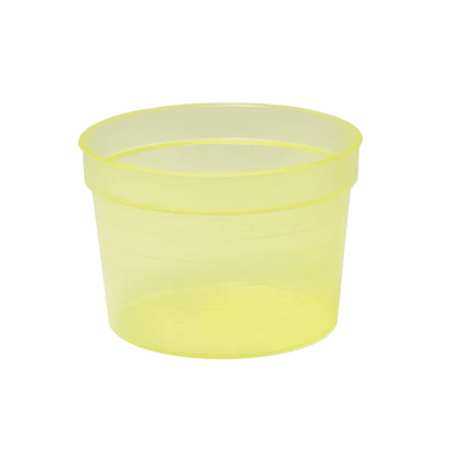 De AMPri PP medicijnbeker 30 ml is een doorschijnende gele kunststof meetbeker van polypropyleen met volumemarkeringen aan de zijkant. Deze cilindervormige beker heeft van boven naar beneden een constante diameter en staat op een eenvoudige witte achtergrond. Het product is verkrijgbaar in verschillende kleuren en omvat 2000 stuks per verpakking. Het wordt geproduceerd door de AMPri Handelsgesellschaft mbH.
