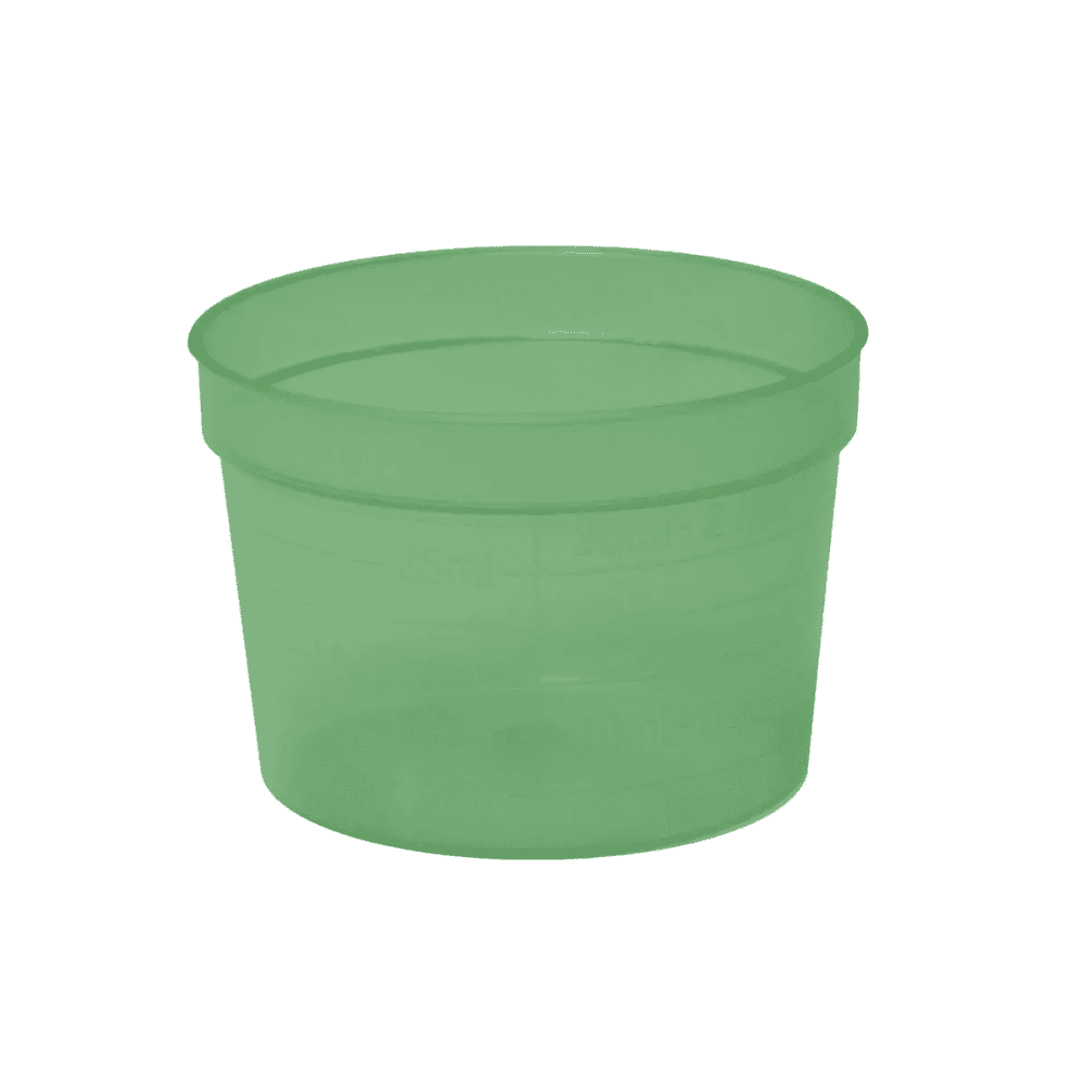 De AMPri PP medicijnbeker, verkrijgbaar in 30 ml met zijvolumemarkeringen en in verschillende kleuren, is gemaakt van duurzaam polypropyleen. Deze transparante, groene kunststofbeker van AMPri Handelsgesellschaft mbH heeft geen handvat.