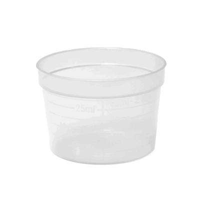 De AMPri PP medicijnbeker van AMPri Handelsgesellschaft mbH is een cilindrische beker van duurzaam polypropyleen. Deze doorzichtige kunststof meetbeker beschikt over precieze gradatielijnen tot 30 ml en is verkrijgbaar in verschillende kleuren. De achtergrond is eenvoudig wit.