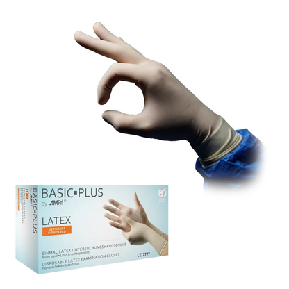 Een hand met een latexhandschoen maakt een "OK"-gebaar. Hieronder bevindt zich een doos met het opschrift "AMPri BASIC-PLUS latexhandschoenen gepoederd, wit | Box (100 stuks)" van AMPri Handelsgesellschaft mbH, die wegwerponderzoekshandschoenen van latex bevat. De doos toont een afbeelding van gehandschoende handen en een meertalige tekst die de chemische bescherming benadrukt.