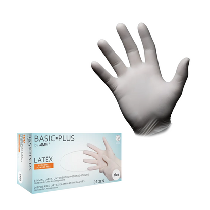 Links is een doos AMPri BASIC-PLUS latexhandschoenen poedervrij, wit (100 stuks) van de AMPri Handelsgesellschaft mbH afgebeeld, rechts wordt een handschoen voor een witte achtergrond door een hand gedragen. Deze handschoenen zijn perfect voor hygiënische bescherming en geschikt voor gebruik in de voedingsmiddelenindustrie.