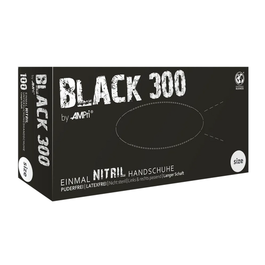 AMPri BLACK 300 Nitrilhandschuhe mit Überlänge, Schwarz | Box (100 Stück)