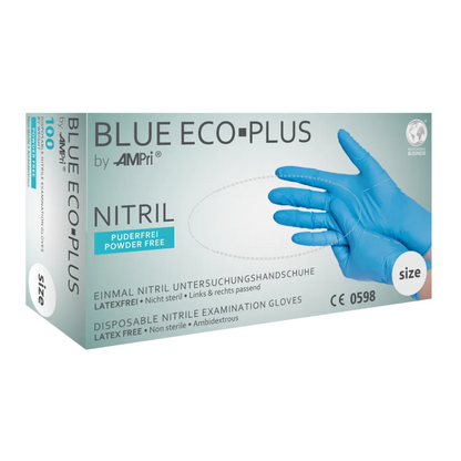 Een doos AMPri BLUE ECO-PLUS nitrilhandschoenen poedervrij, Blauw wegwerponderzoekshandschoenen van AMPri Handelsgesellschaft mbH. De doos is gemarkeerd als poedervrij, latexvrij, niet steriel, geschikt voor beide handen en bevat 100 handschoenen. Ideaal voor de voedingsindustrie, de afbeelding toont een hand die een blauwe handschoen draagt.