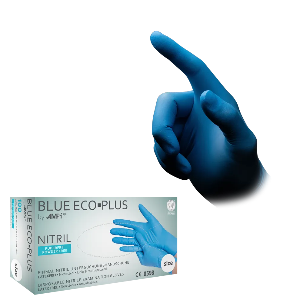 Afbeelding van een hand met een blauwe nitrilhandschoen, die naar boven wijst. Onder de hand bevindt zich een doos 'AMPri BLUE ECO-PLUS nitrilhandschoenen poedervrij, Blauw' van de AMPri Handelsgesellschaft mbH. De doos benadrukt dat deze nitril wegwerphandschoenen poedervrij, latexvrij en geschikt voor eenmalig gebruik zijn en daarom ideaal voor de voedingsindustrie.