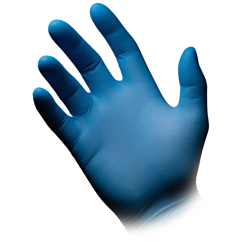 Een linkerhand, gekleed in een AMPri BLUE ECO-PLUS nitrilhandschoen poedervrij van de AMPri Handelsgesellschaft mbH, is afgebeeld met gespreide vingers van de blauwe handschoen tegen een witte achtergrond. Het polsgebied vervaagt naar de achtergrond, waardoor de indruk ontstaat dat de handschoen voorbij het zichtbare uitsteekt.