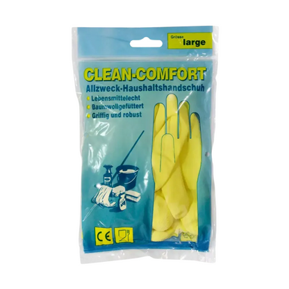 De afbeelding toont een verpakking AMPri CLEAN-COMFORT latex huishoudhandschoenen poedervrij, die zijn ontworpen voor grote handen. De blauwe en doorzichtige kunststofverpakking presenteert de gele handschoenen aan de binnenkant. De tekst aan de voorkant benadrukt hun voedselveiligheid, katoenen voering, duurzame grip en dat ze poedervrij zijn. Deze handschoenen worden vervaardigd door de AMPri Handelsgesellschaft mbH en zijn verkrijgbaar in verschillende kleuren.