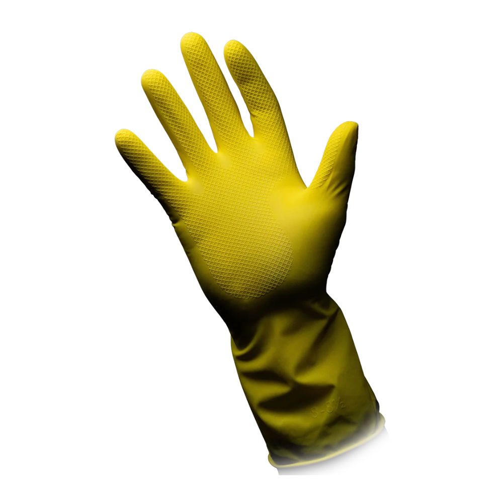 Een AMPri CLEAN-COMFORT latex huishoudhandschoen in geel is met de handpalm naar voren gericht. De handschoen van de AMPri Handelsgesellschaft mbH beschikt over een gestructureerd gripoppervlak op handpalm en vingers en reikt iets over de pols. De witte achtergrond benadrukt zijn geschiktheid voor verschillende taken.