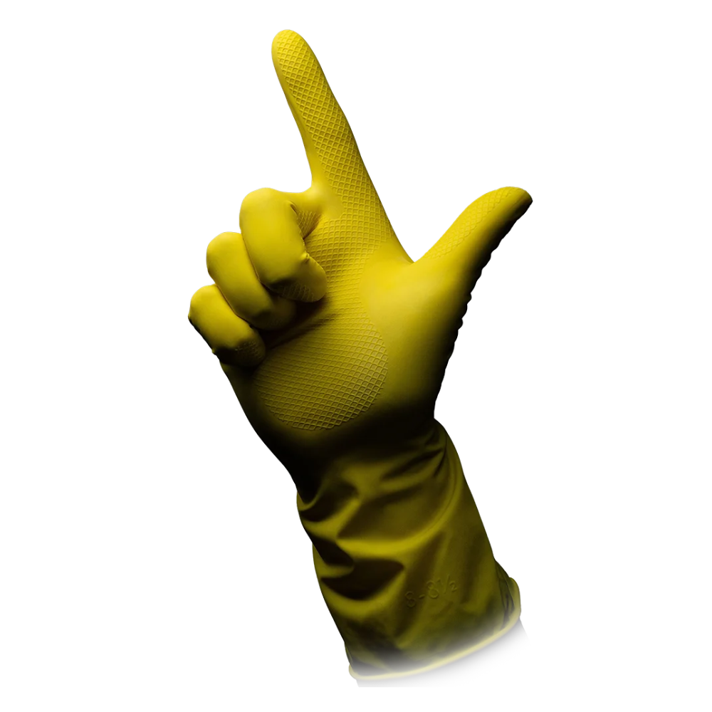 Een gele AMPri CLEAN-COMFORT latex huishoudhandschoen poedervrij van AMPri Handelsgesellschaft mbH is afgebeeld tegen een eenvoudige witte achtergrond. De handschoen heeft de vorm van een 'L', waarbij de wijsvinger omhoog wijst en de duim horizontaal is uitgestrekt. Hij beschikt over een gestructureerde grip op handpalm en vingers, wat zijn poedervrije eigenschappen voor veelzijdig gebruik benadrukt.