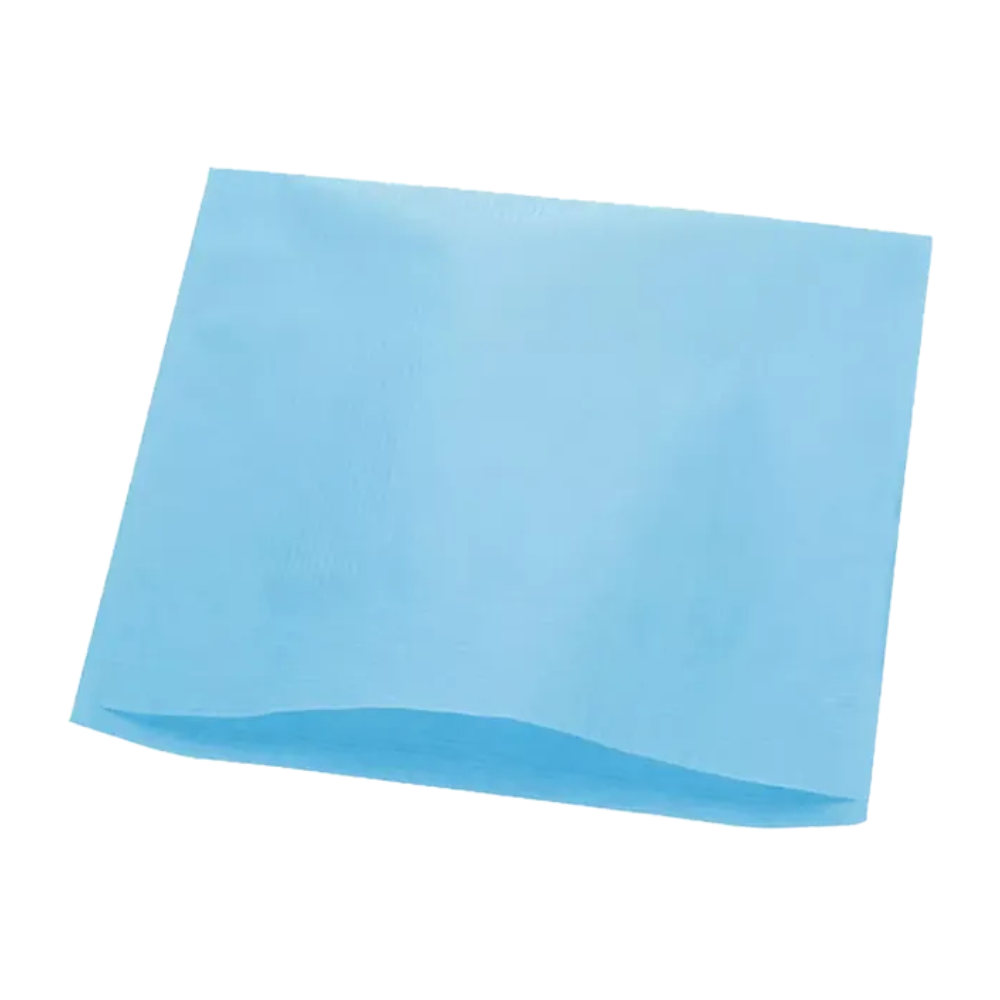Een blauw tandartsslabbetje van papiermateriaal met een rechthoekige vorm en gestructureerd oppervlak, perfect voor gebruik met tandheelkundige behandelstoelen. Het slabbetje van de AMPri Handelsgesellschaft mbH wordt gewoonlijk in tandartspraktijken gebruikt om kleding te beschermen tijdens de behandeling. Het is opengevouwen en ligt plat.