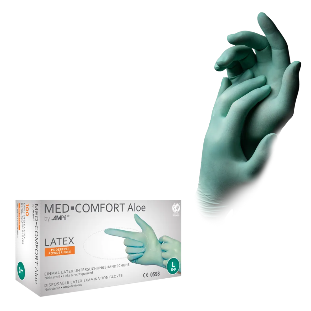 Een mintgroen paar medische onderzoekshandschoenen die elkaar vasthouden. Hieronder bevindt zich een witte doos met het opschrift 'AMPri MED-COMFORT Aloe Latexhandschoenen poedervrij' en verdere productdetails. De doos van AMPri Handelsgesellschaft mbH toont de afbeelding van een hand die de handschoenen draagt.