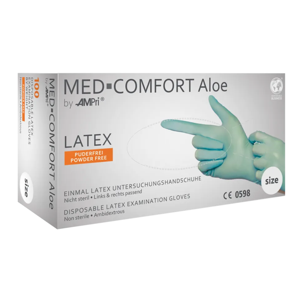 De afbeelding toont een doos AMPri MED-COMFORT Aloe Latexhandschoenen poedervrij, mintgroen van AMPri Handelsgesellschaft mbH. Deze wegwerponderzoekshandschoenen van latex zijn niet steriel, poedervrij en geschikt voor beide handen. De doos toont een afbeelding van gehandschoende handen en geeft aan dat ze geschikt zijn voor eenmalig gebruik. De doos bevat 100 handschoenen.