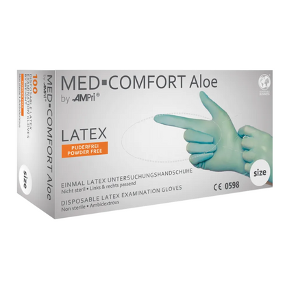 De afbeelding toont een doos AMPri MED-COMFORT Aloe Latexhandschoenen poedervrij, mintgroen van AMPri Handelsgesellschaft mbH. Deze wegwerponderzoekshandschoenen van latex zijn niet steriel, poedervrij en geschikt voor beide handen. De doos toont een afbeelding van gehandschoende handen en geeft aan dat ze geschikt zijn voor eenmalig gebruik. De doos bevat 100 handschoenen.