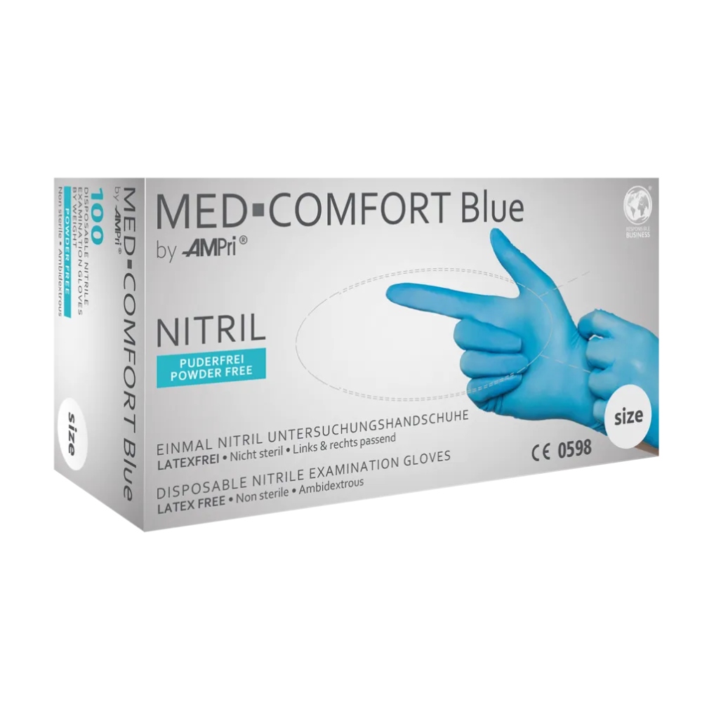 Een doos AMPri MED-COMFORT BLUE wegwerponderzoekshandschoenen van nitril (nitrilhandschoenen) van AMPri Handelsgesellschaft mbH. De handschoenen zijn latexvrij, poedervrij en niet steriel. Het beeld op de doos toont een paar gehandschoende handen. De verpakking bevat 100 wegwerphandschoenen, CE-gemarkeerd met verpakkingsdetails in meerdere talen.