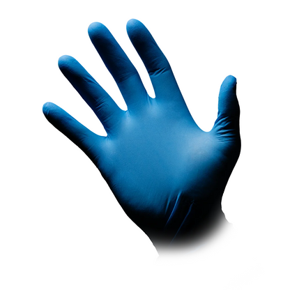 Een hand met AMPri MED-COMFORT BLUE nitrilhandschoenen poedervrij is met gespreide vingers uitgestrekt voor een witte achtergrond. De strak aansluitende, latexachtige handschoen van AMPri Handelsgesellschaft mbH zorgt voor een soepele toepassing zonder residu.