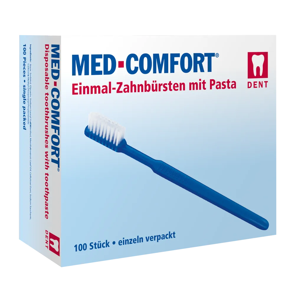 De AMPri MED-COMFORT doos van de AMPri Handelsgesellschaft mbH, ideaal voor tandverzorging onderweg, bevat wegwerptandenborstels met tandpasta. Afgebeeld is een blauwe tandenborstel, een tweetalige tekst geeft aan dat de doos 100 individueel verpakte stuks in verschillende kleuren bevat.