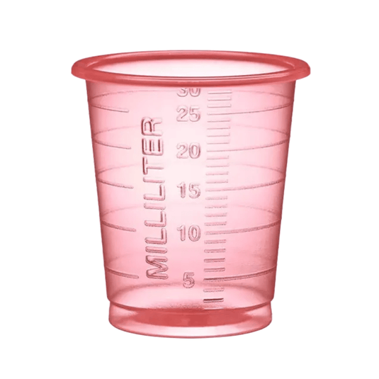De AMPri MED-COMFORT PP Eco wegwerpmedische beker van 30 ml van AMPri Handelsgesellschaft mbH is een transparante roze beker van duurzaam polypropyleen. De beker is voorzien van nauwkeurige milliliteraanduidingen van 5 tot 30 voor een exacte dosering.