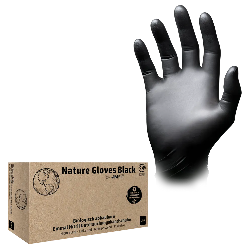 Naast de verpakking „AMPri Nature Gloves BLACK“ wordt een zwarte wegwerphandschoen getoond, die zijn biologisch afbreekbare nitrilmateriaal tentoonstelt. Deze biologisch afbreekbare nitrilhandschoenen zijn poedervrij, bieden hoge bestendigheid en zijn geschikt voor beide handen.