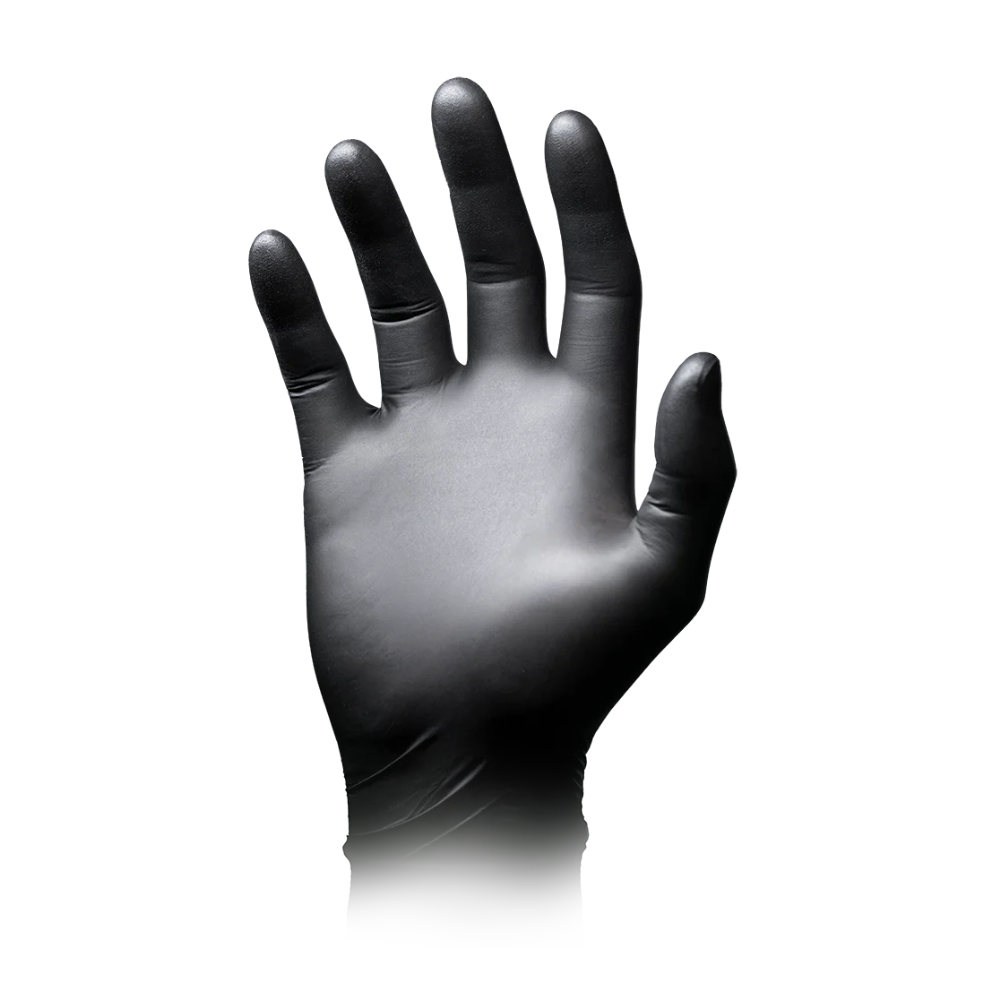 Een zwarte AMPri Nature Glove van de AMPri Handelsgesellschaft mbH is afgebeeld tegen een witte achtergrond in een open handpositie met de handpalm naar voren gericht. De handschoen kenmerkt zich door hoge bestendigheid en heeft een glad oppervlak dat volledig opgeblazen de contouren van een hand afbeeldt.
