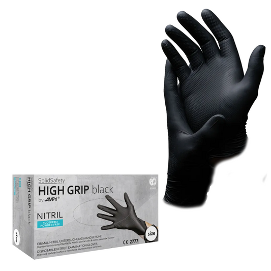 Die AMPri SolidSafety High Grip Black Nitril Chemikalienschutzhandschuhe, die in der Markenverpackung der AMPri Handelsgesellschaft mbH präsentiert werden, sind puderfrei und in den Größen S bis XXL erhältlich. Diese professionellen Handschuhe bieten eine strukturierte Oberfläche, die den Griff verbessert und sie perfekt für anspruchsvolle Aufgaben macht.