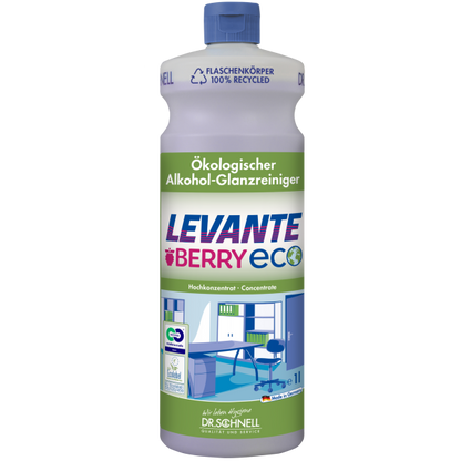 Ein 1-Liter Dr. Schnell Levante Berry ECO von DR.SCHNELL GmbH & Co. KGaA ist mit einem grünen Verschluss, einem Etikett aus recyceltem Kunststoff, Beerenduft und Abbildungen aus Büro und Küche auf der Vorderseite versehen.