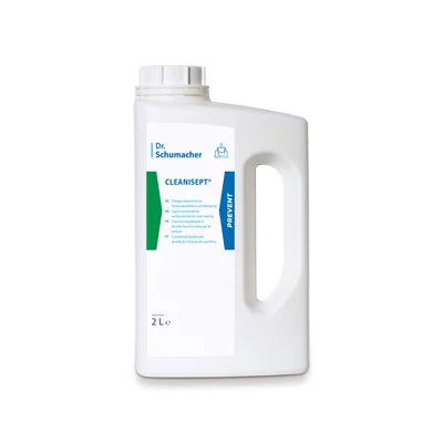 Weißer 2-Liter-Kunststoffbehälter von Dr. Schumacher Cleanisept® Flächendesinfektion und Reinigung der Dr. Schumacher GmbH mit großem Griff, Schraubverschluss und weiß-blauem Etikett für eine effektive Medizinprodukte-Desinfektion.