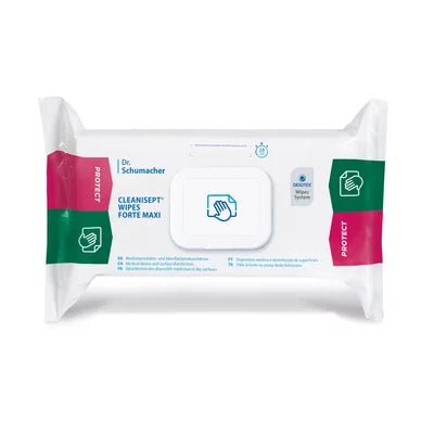 Een verpakking Dr. Schumacher Cleanisept® Wipes Forte Max (100 doekjes) van Dr. Schumacher GmbH met hersluitbare deksel en groen-roze accenten biedt virucide, alcoholvrije desinfectie in een witte verpakking met merk- en productinformatie.