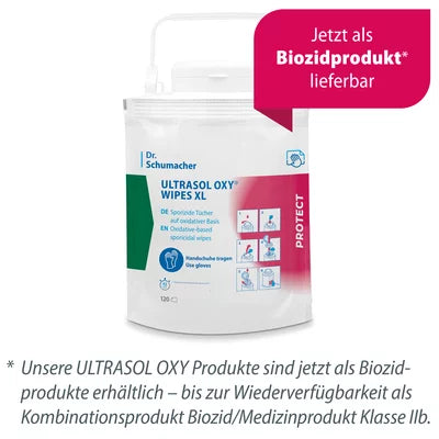 De Dr. Schumacher Ultrasol Oxy Wipes wegwerpdoekjes dispenser verpakking (120 doekjes) van Dr. Schumacher GmbH bevat 120 medische desinfectiedoekjes en is nu als biocideproduct verkrijgbaar.