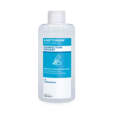 Een heldere 500 ml fles Dr. Schumacher Aseptoman® parfumvrije handdesinfectie van Dr. Schumacher GmbH, een alcoholisch, parfumvrij handdesinfectiemiddel voor hygiënische handdesinfectie, met blauw-wit etiket.