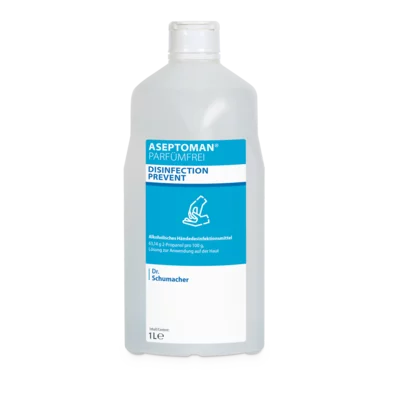 Een heldere 1-liter fles Dr. Schumacher Aseptoman® parfumvrije handdesinfectie van Dr. Schumacher GmbH met blauw-wit etiket met tekst en handsymbool.