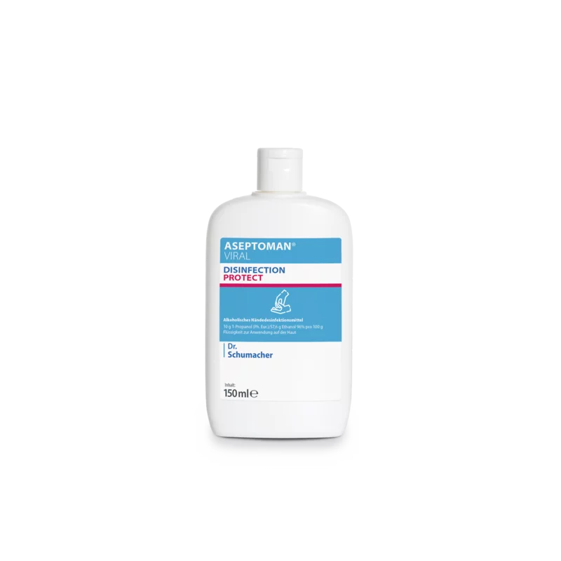 Een witte kunststof fles van de Dr. Schumacher Aseptoman® Virale Handdesinfectie van Dr. Schumacher GmbH met blauwe en roze accenten, die 150 ml van het huidvriendelijke virucide handdesinfectiemiddel bevat, weergegeven op een eenvoudige witte achtergrond.