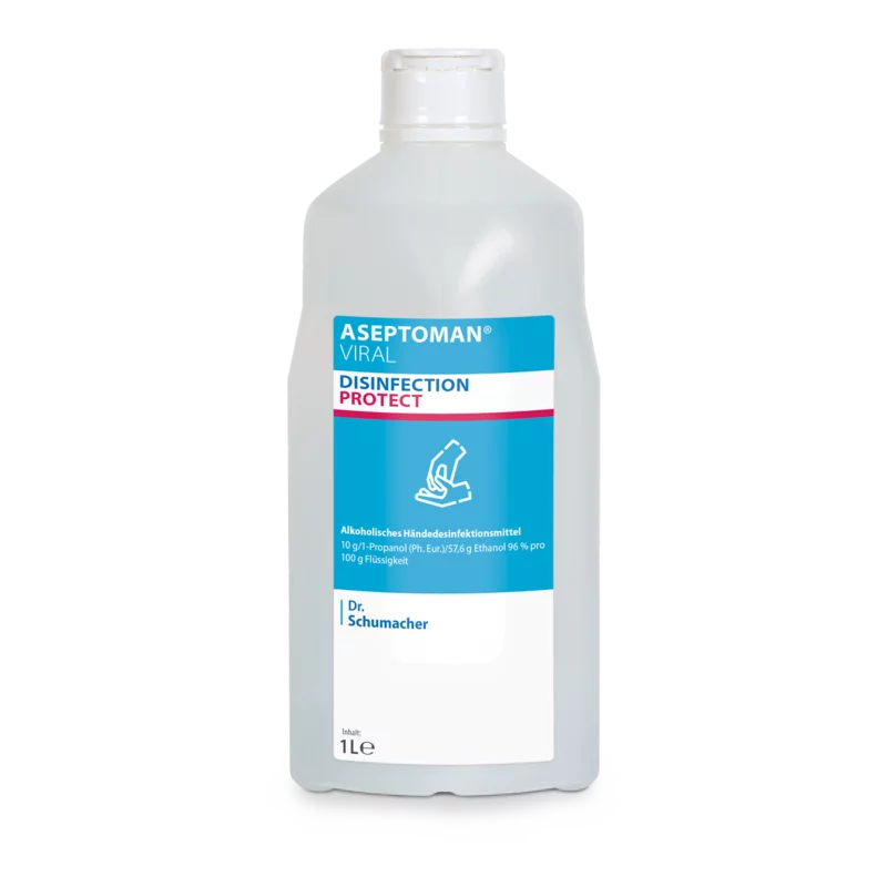 De Dr. Schumacher Aseptoman® Virale Handdesinfectie van Dr. Schumacher GmbH in de 1-liter kunststof fles met blauw-wit ontwerp en flip-top sluiting is als virucide en huidvriendelijk handdesinfectiemiddel gekenmerkt.