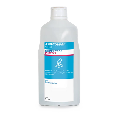 De Dr. Schumacher Aseptoman® Virale Handdesinfectie van Dr. Schumacher GmbH in de 1-liter kunststof fles met blauw-wit ontwerp en flip-top sluiting is als virucide en huidvriendelijk handdesinfectiemiddel gekenmerkt.