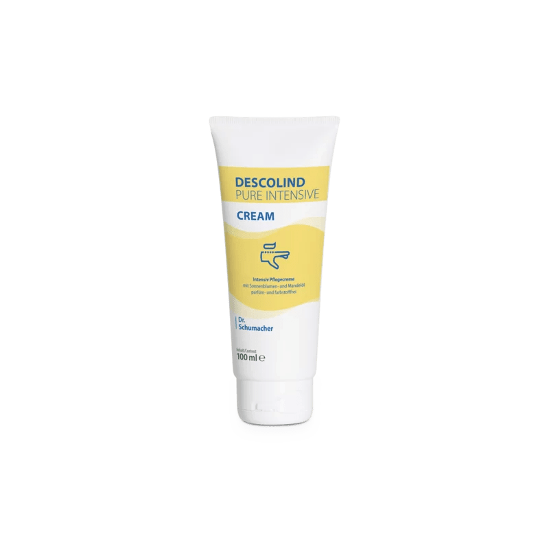 Een 100-ml-tube Dr. Schumacher Descolind Pure Intensiefcrème van Dr. Schumacher GmbH, een parfumvrije intensieve verzorgingscrème voor gevoelige en droge huid met geel-wit etiket, staat rechtop voor een witte achtergrond.