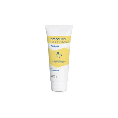Een 100-ml-tube Dr. Schumacher Descolind Pure Intensiefcrème van Dr. Schumacher GmbH, een parfumvrije intensieve verzorgingscrème voor gevoelige en droge huid met geel-wit etiket, staat rechtop voor een witte achtergrond.