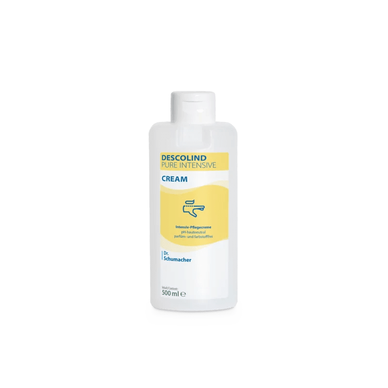 Afgebeeld is een witte 500-ml-plastic fles van Dr. Schumacher Descolind Pure Intensiefcrème van Dr. Schumacher GmbH, ongeparfumeerd en geschikt voor de gevoelige huid, met een geel-blauw etiket dat een handsymbool toont, op een eenvoudige witte achtergrond.