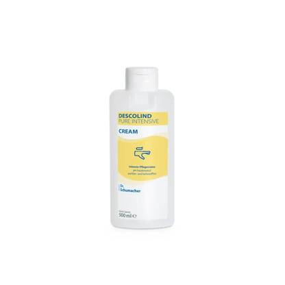 Afgebeeld is een witte 500-ml-plastic fles van Dr. Schumacher Descolind Pure Intensiefcrème van Dr. Schumacher GmbH, ongeparfumeerd en geschikt voor de gevoelige huid, met een geel-blauw etiket dat een handsymbool toont, op een eenvoudige witte achtergrond.