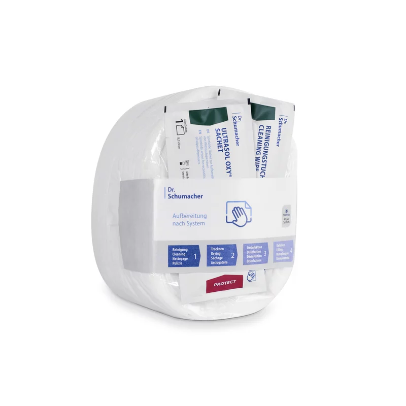 Een verpakking Dr. Schumacher GmbH Eco Wipes vliesdoekjes voor oppervlaktedesinfectie, met afzonderlijk verpakte doekjes in een transparante, afgeronde kunststofhouder, voorzien van productinformatie en gebruiksinstructies.