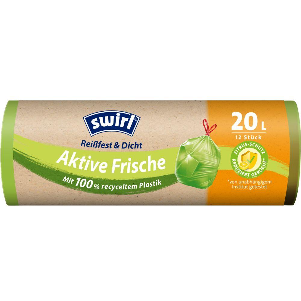 Swirl Actieve Verse Vuilniszakken 20 l Scheurbestendig & Dicht van Melitta Europa GmbH & Co. KG biedt een rol met 12 zakken van 100% gerecycled kunststof en een citrusgeurindicator voor langdurige frisheid.
