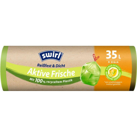 Swirl Aktive Frische Müllbeutel 35 l von Melitta Europa, Rolle mit 9 Beuteln. 100 % recyceltes Plastik, Reißfest & Dicht, innovative Geruchskontrolle mit Zitrussystem für Frischeschutz.