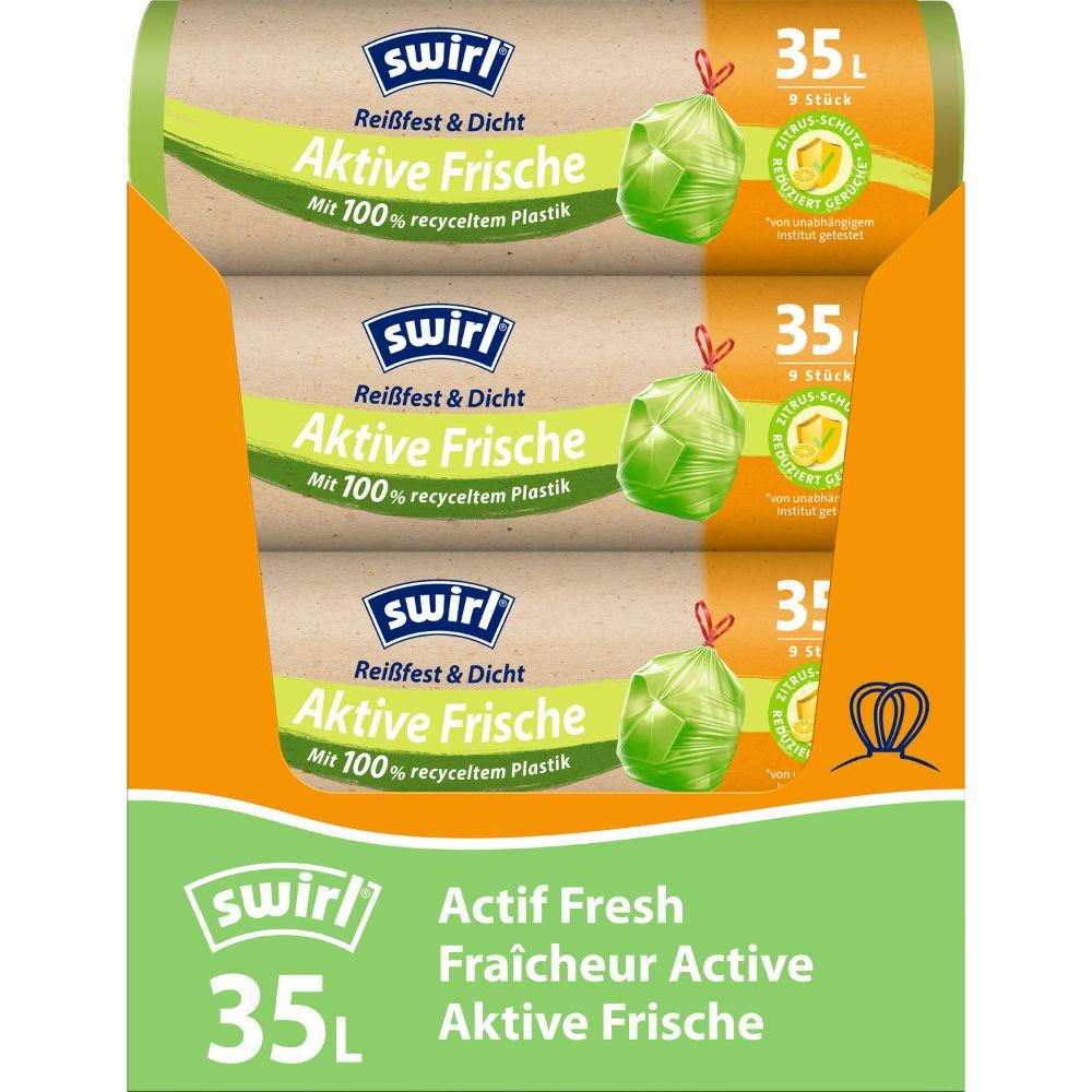 Melitta Swirl Actieve frisse vuilniszakken 35 l scheurbestendig & dicht, rol met 9 zakken, van gerecycled plastic. Geelgroene verpakking met citrussysteem voor versheid, opschrift in het Duits en Frans.