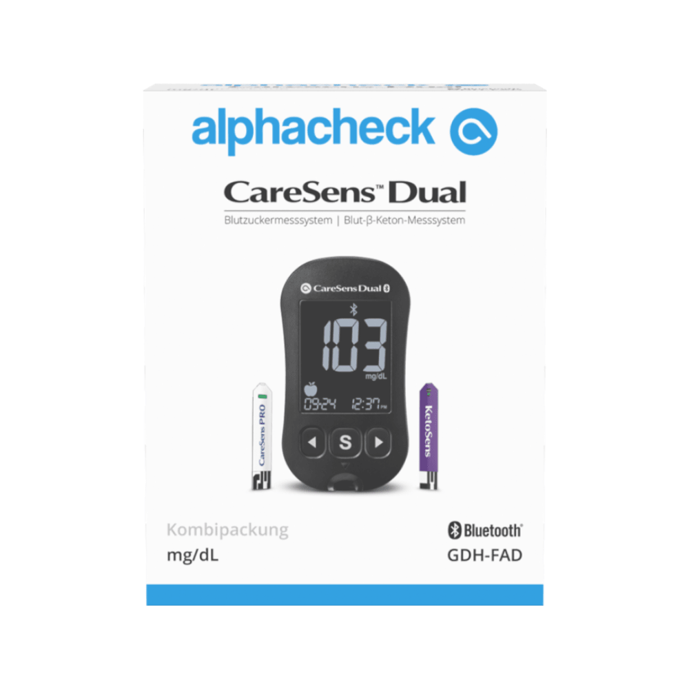 De afbeelding toont de verpakking van een Alphacheck CareSens DUAL bloedsuikermeter combipakket | Verpakking (1 stuk), een bloedsuiker- en ketonbewakingssysteem van Berger Med GmbH, ideaal voor zelfmeting van diabetes. De doos is in het Duits gelabeld en toont een digitaal meetapparaat met een meetwaarde van 103 mg/dL evenals glucose- en ketonstroken. Bluetooth-connectiviteit wordt vermeld.