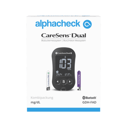 De afbeelding toont de verpakking van een Alphacheck CareSens DUAL bloedsuikermeter combipakket | Verpakking (1 stuk), een bloedsuiker- en ketonbewakingssysteem van Berger Med GmbH, ideaal voor zelfmeting van diabetes. De doos is in het Duits gelabeld en toont een digitaal meetapparaat met een meetwaarde van 103 mg/dL evenals glucose- en ketonstroken. Bluetooth-connectiviteit wordt vermeld.