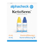 Een productafbeelding van Alphacheck KetoSens β-Keton-controleoplossing L+M | Verpakking (2 flesjes) van Berger Med GmbH voor Keto-meetapparaten. De afbeelding toont een witte doos met blauwe en gele tekst. In de doos bevinden zich twee kleine flesjes met gekleurde doppen, een gele (oplossing L) en een blauwe (controleoplossing M). Het volume is aangegeven als 4 mL.