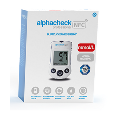 Een doos Alphacheck Professional NFC bloedsuikermeter combipack | Verpakking (1 stuk) voor effectief diabetesmanagement. De merknaam en functies van het apparaat staan op de doos vermeld, inclusief mmol/L-eenheid, verlicht display, automatische codering, teststripuitwerper, 500 geheugenplaatsen en meertalige ondersteuning. De merknaam is Berger Med GmbH.