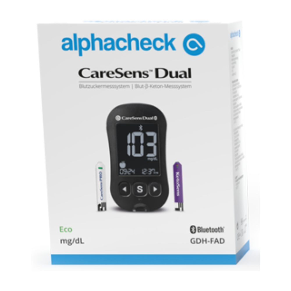 De afbeelding toont de verpakking van een Alphacheck CareSens DUAL bloedglucosemeter eco | Verpakking (1 stuk). Aan de voorkant staat bovenaan de merknaam Berger Med GmbH, een afbeelding van het meetapparaat met de weergave "103 mg/dL" en de tijd "09:24". Symbolen geven Bluetooth-connectiviteit en GDH-FAD-technologie aan.
