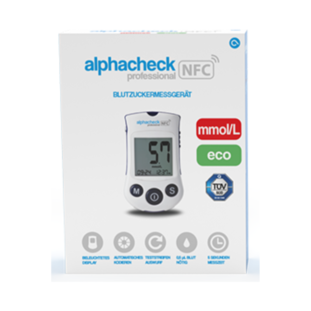 Doos met Alphacheck Professional NFC bloedsuikermeter eco | Verpakking (1 stuk) van Berger Med GmbH. De doos toont een afbeelding van het apparaat met een meetwaarde van 5,7 mmol/L. Tot de benadrukte functies behoren een display met achtergrondverlichting, coderingvrije werking, NFC-mogelijkheid en een meettijd van 5 seconden voor efficiënt diabetesbeheer.