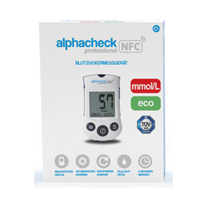 Doos met Alphacheck Professional NFC bloedsuikermeter eco | Verpakking (1 stuk) van Berger Med GmbH. De doos toont een afbeelding van het apparaat met een meetwaarde van 5,7 mmol/L. Tot de benadrukte functies behoren een display met achtergrondverlichting, coderingvrije werking, NFC-mogelijkheid en een meettijd van 5 seconden voor efficiënt diabetesbeheer.